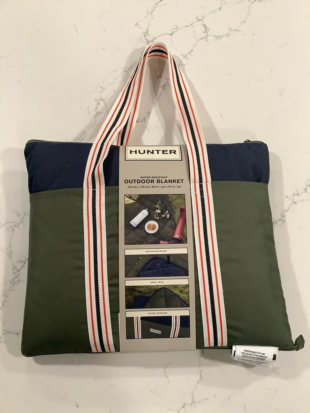 Hunter Outdoor Blanket Tote - Olive Green & Navy with Striped Handles